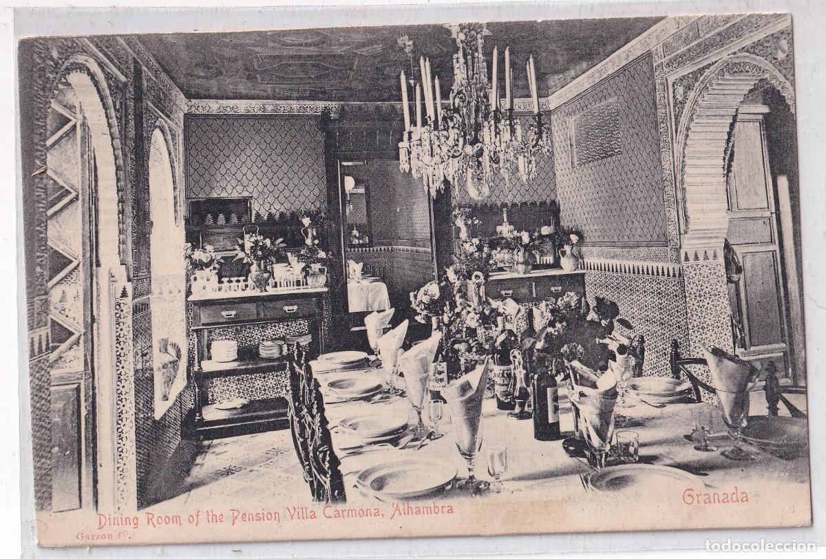 Postales: Dining rom of the Pension Villa Carmona. Alhambra. Granada. Reverso sin dividir. Sin circular.