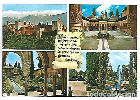 Postales: VISTA GENERAL, PATIO DE LOS LEONES Y GENERALIFE.- ALHAMBRA.- GRANADA