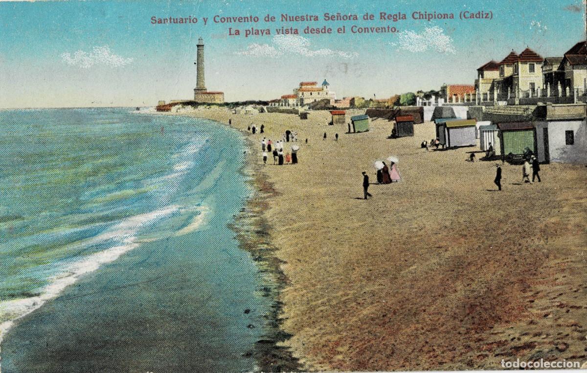 Postales: POSTAL ANTIGUA DE CHIPIONA. SANTUARIO Y CONVENTO DE NUESTRA SE&Ntilde;ORA DE REGLA. LA PLAYA. P-ANCHP-085