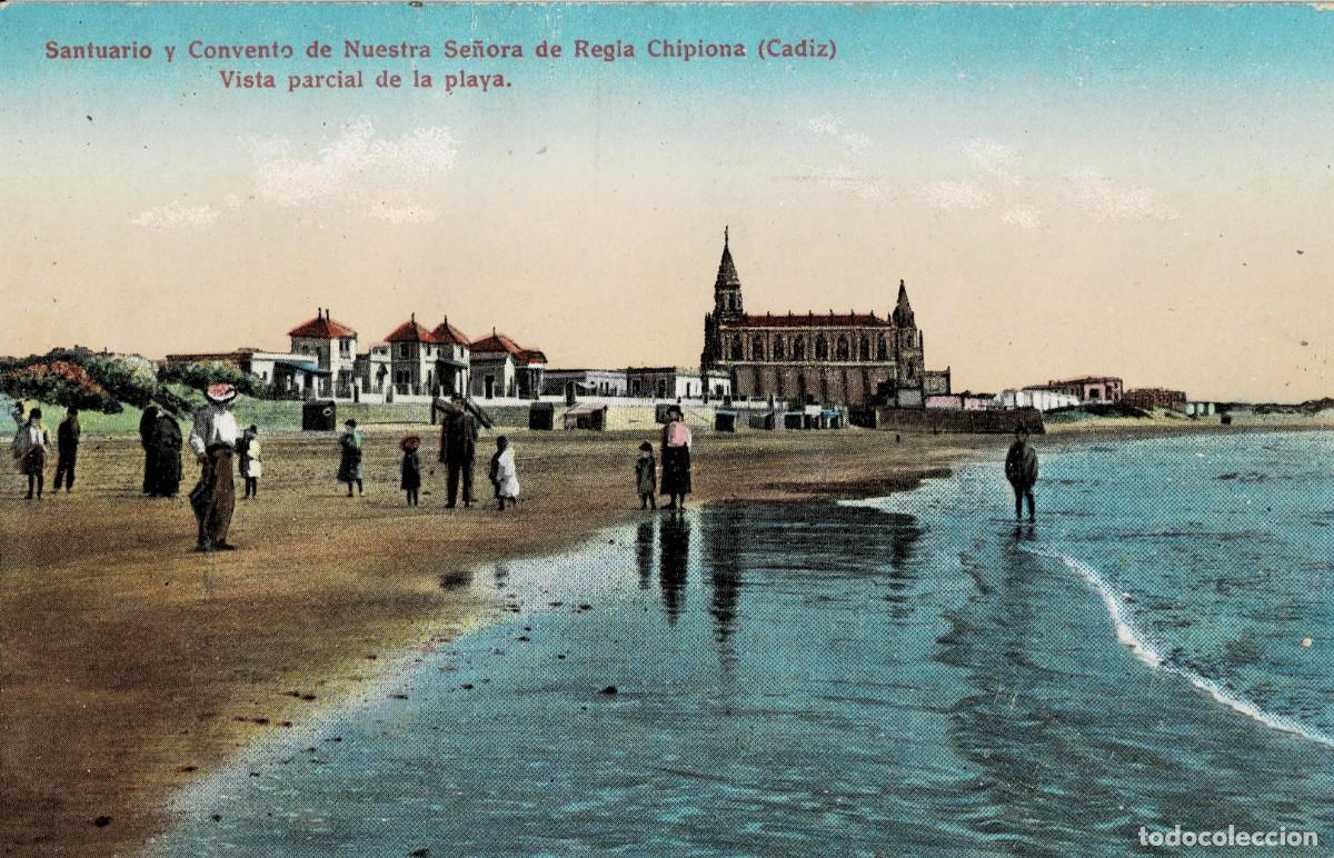Postales: POSTAL ANTIGUA DE CHIPIONA. SANTUARIO Y CONVENTO DE NUESTRA SE&Ntilde;ORA DE REGLA. LA PLAYA. P-ANCHP-088