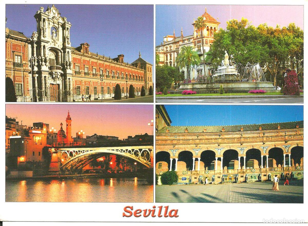 Postales: POSTAL SEVILLA (ANDALUCIA) - PALACIO S. TELMO, PUENTE DE TRIANA, PL. PUERTA DE JEREZ - CIRCULADA