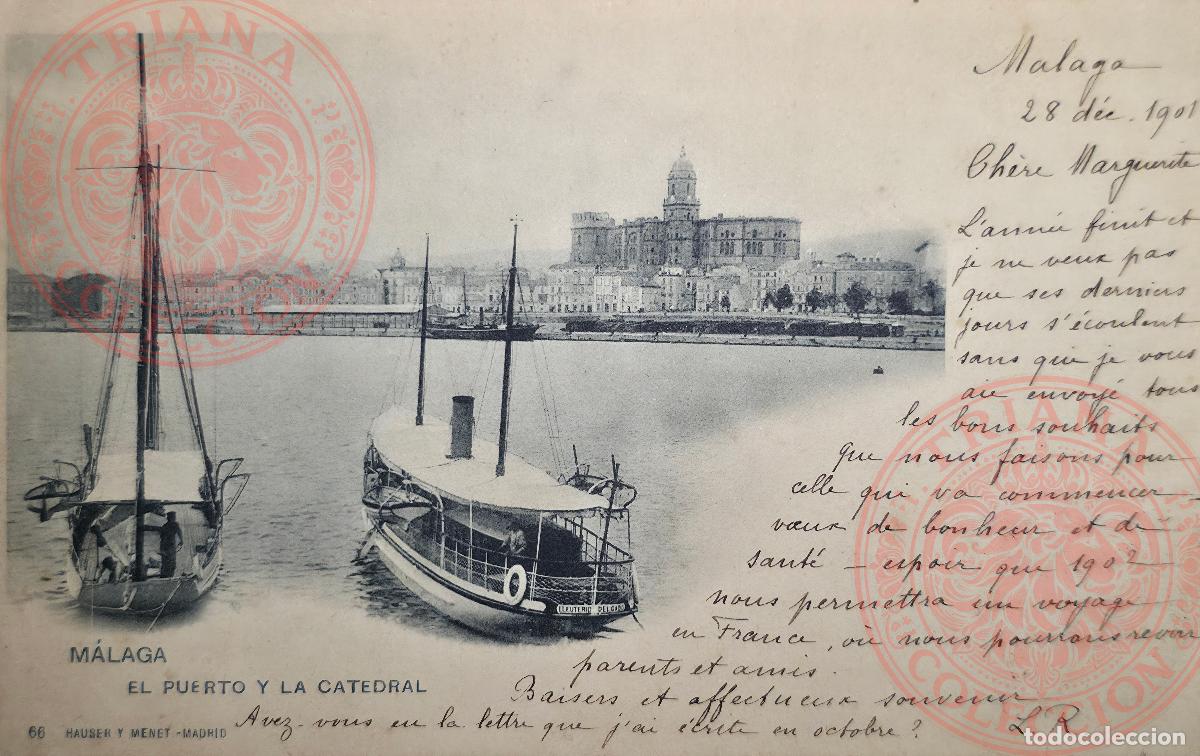 Postales: POSTAL MALAGA - EL PUERTO Y LA CATEDRAL. N&ordm; 66 HAUSER Y MENET (FECHADA 28 DICIEMBRE 1901)