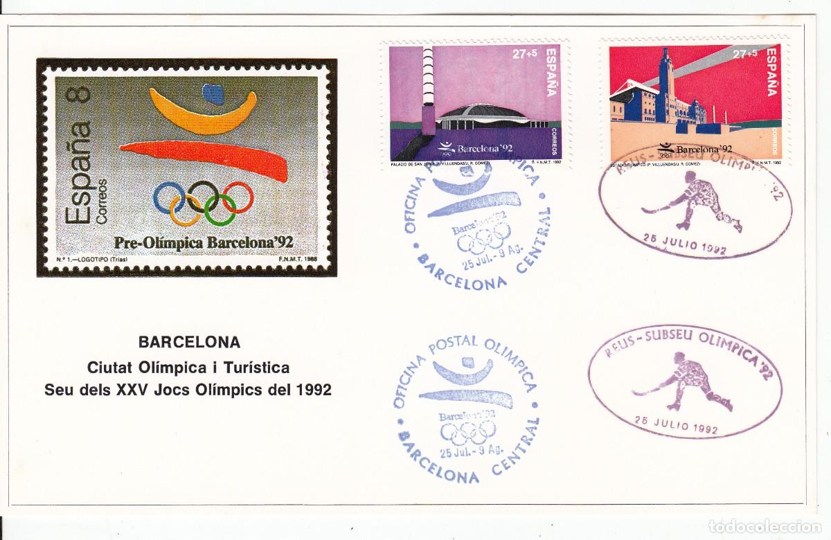 Postales: BARCELONA 92 - TARJETA CON MATASELLOS REUS SUBSEU OLIMPICA Y OFICINA POSTAL OLIMPICA