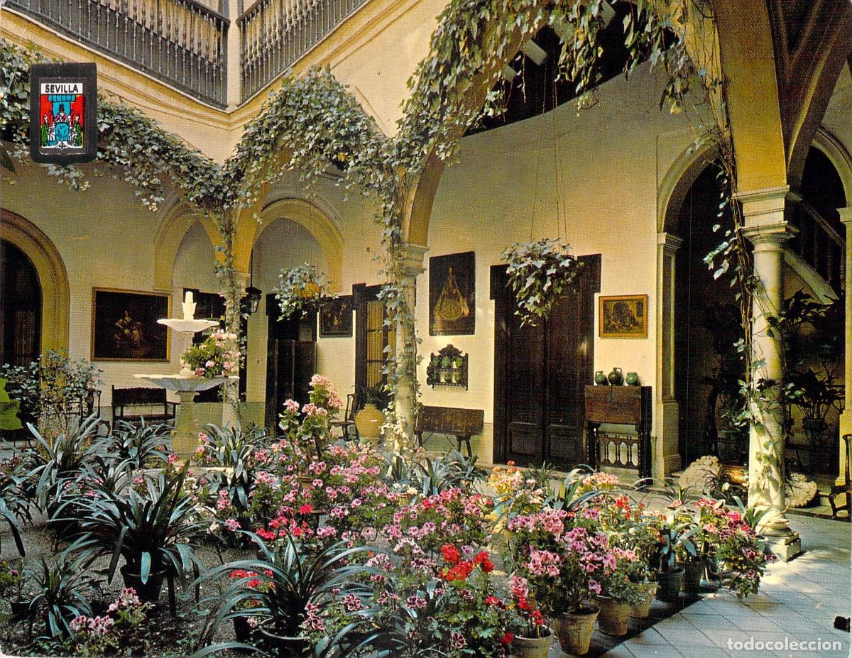 Postales: Tarjeta Postal de Patio Sevillano con Flores y Fuente, Sevilla