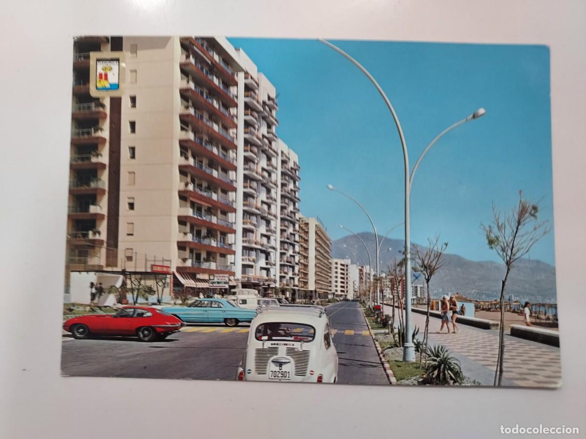 Postales: POSTAL FUENGIROLA PASEO MARITIMO. 1970. ESCRITA. M&Aacute;LAGA. SEAT 600 JAGUAR E-TYPE