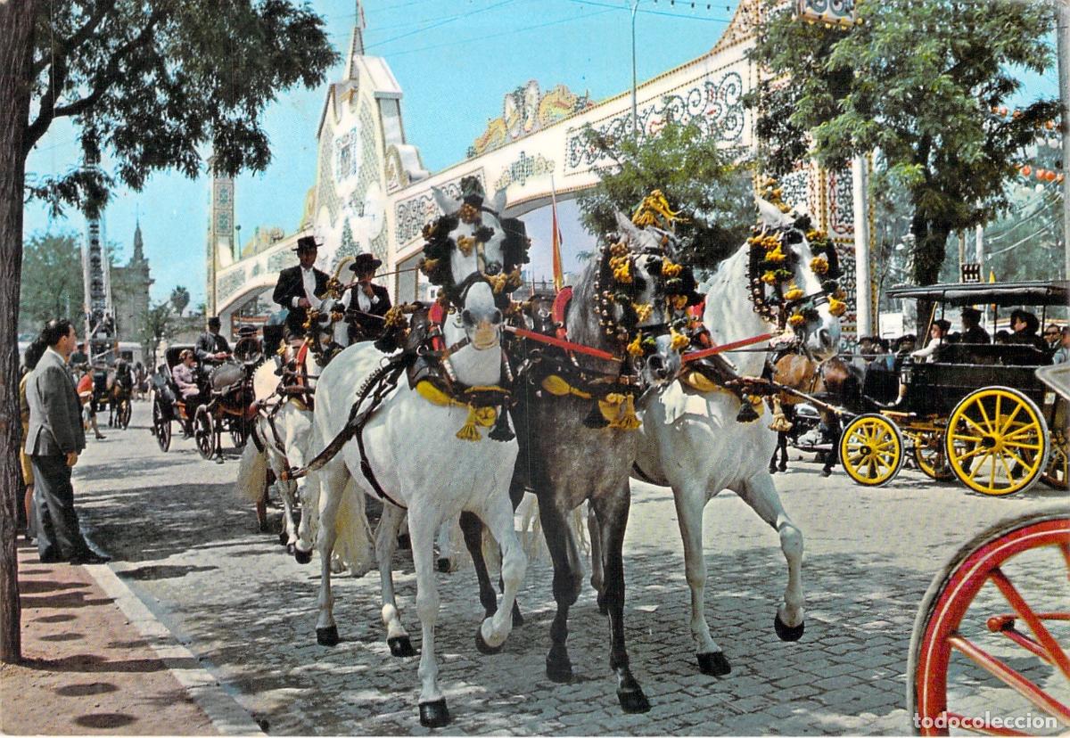 Postales: Postal de Sevilla, Feria de Abril con caballos y carruajes