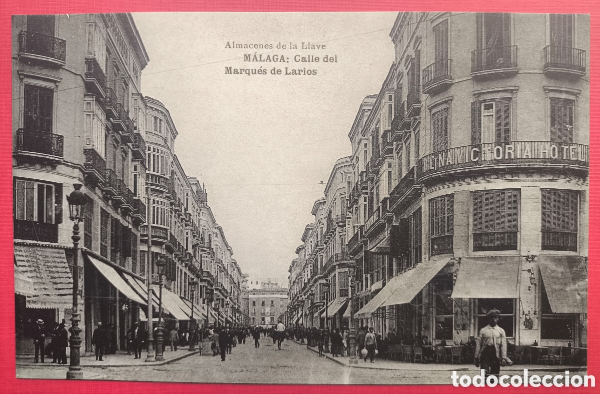 Postales: M&Aacute;LAGA CALLE LARIOS POSTAL FOTOTIPIA ANIMADA ALMACENES DE LA LLAVE C. 1920