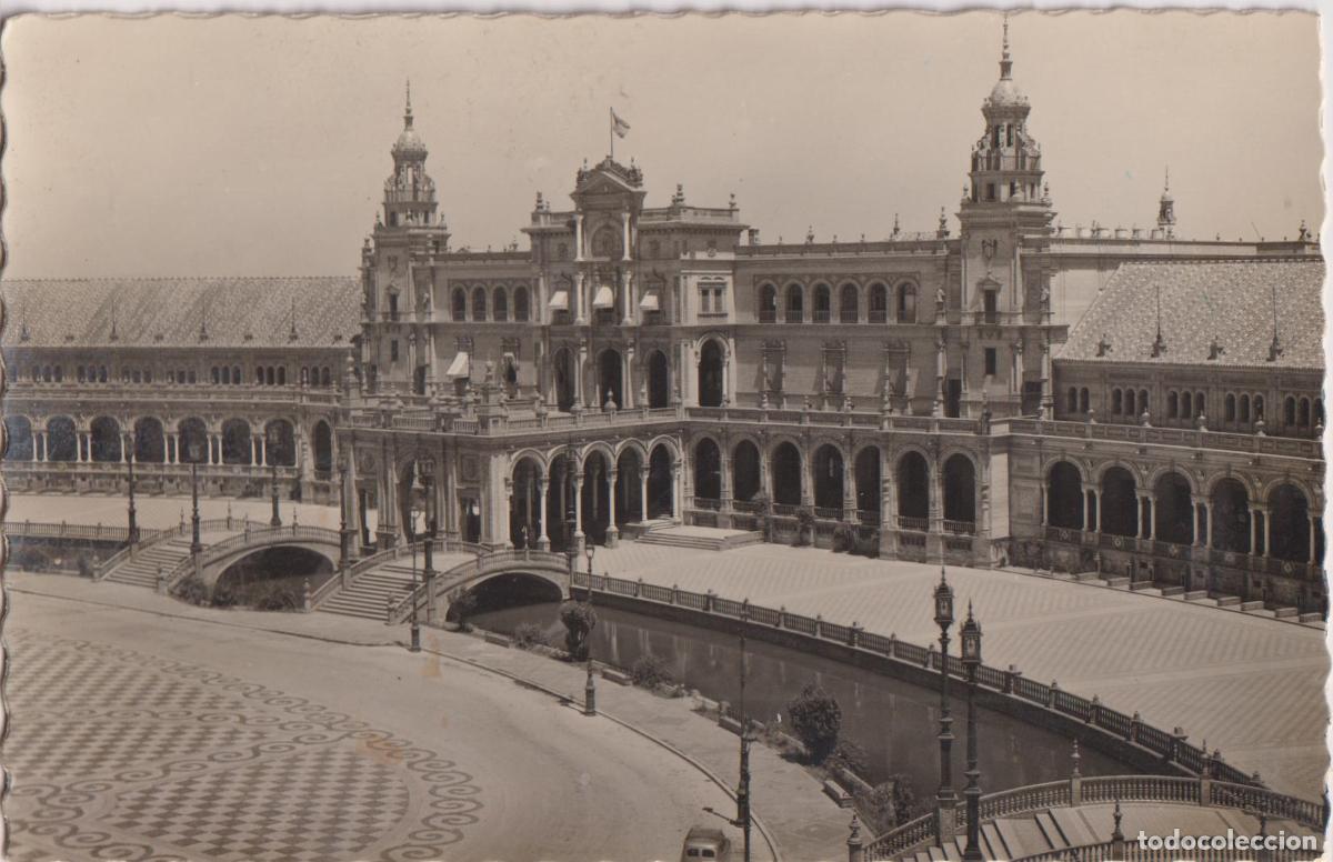 Postales: SEVILLA, LA PLAZA DE ESPA&Ntilde;A, VISTA PARCIAL - GARCIA GARRABELLA - ESCRITA 1961