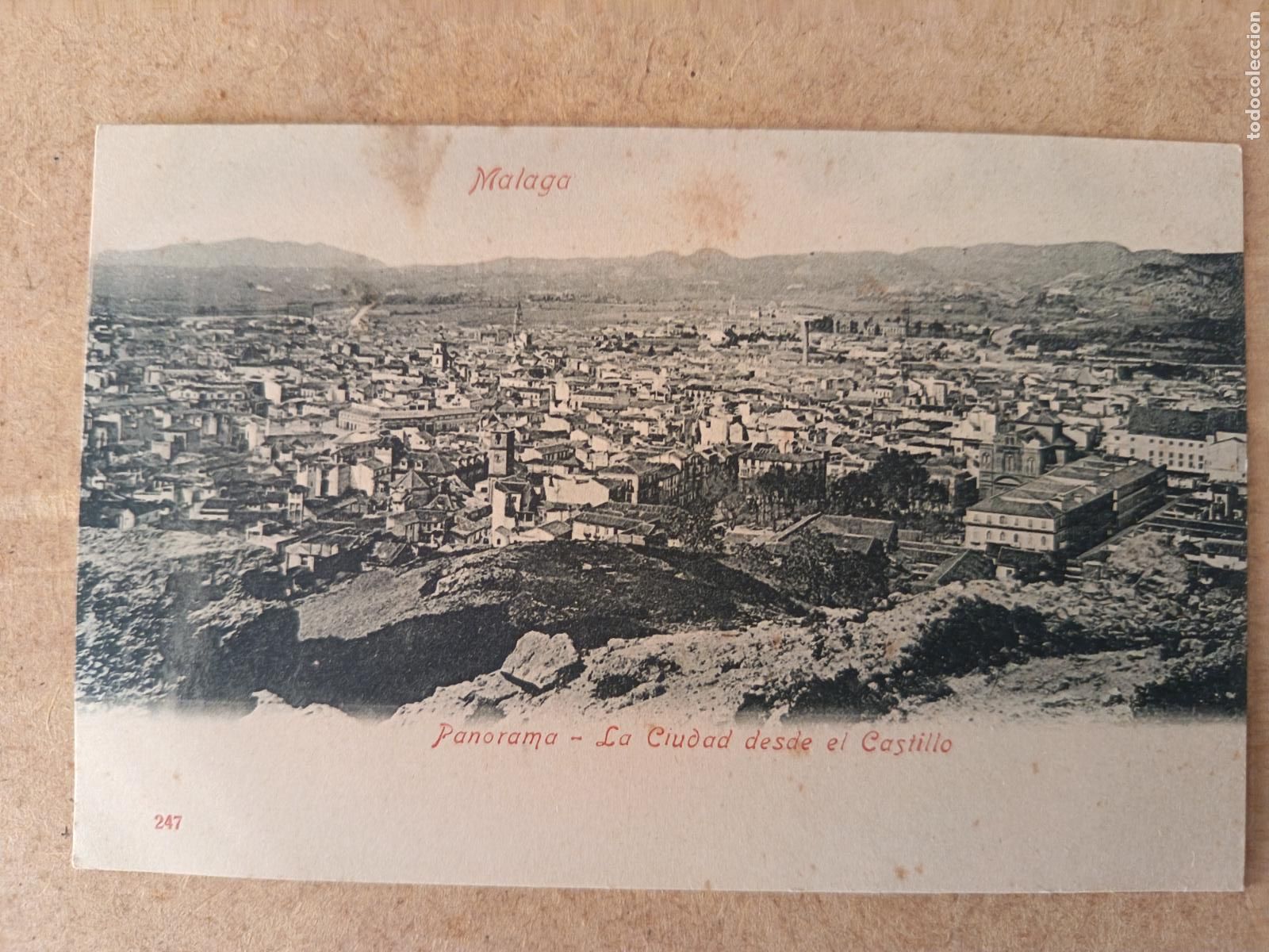 Postales: MALAGA. N&ordm; 247. PANORAMA - LA CIUDAD DESDE EL CASTILLO. DORSO SIN DIVIDIR.