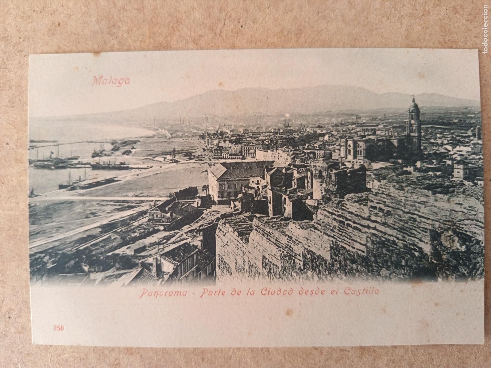 Postales: MALAGA. N&ordm; 250. PANORAMA. PARTE DE LA CIUDAD DESDE EL CASTILLO. DORSO SIN DIVIDIR.