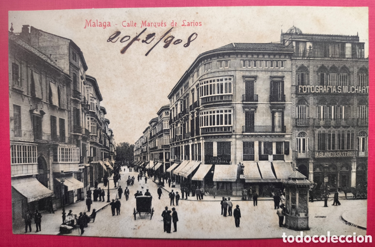 Postales: M&Aacute;LAGA CALLE LARIOS POSTAL ANIMADA FOTOTIPIA CIRCULADA 1908