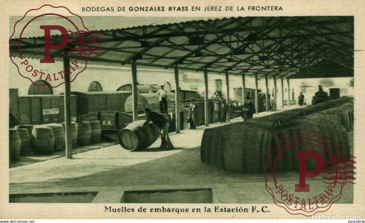 Postales: BODEGAS DE GONZALEZ BYASS EN JEREZ DE LA FRONTERA, MUELLES DE EMBARQUE EN LA ESTACI&Oacute;N FC. CADIZ ANDA