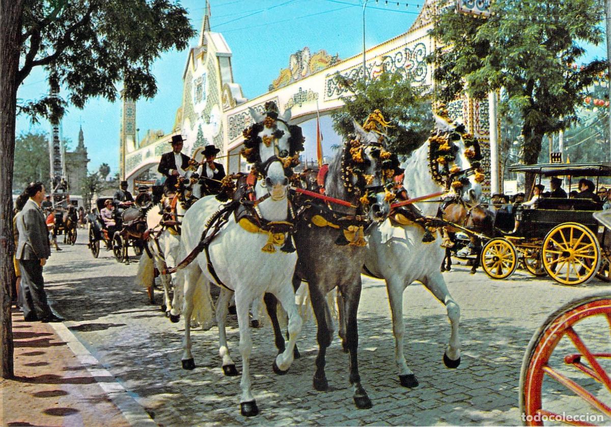 Postales: Postal de la Feria de Abril en Sevilla con caballos y carruajes