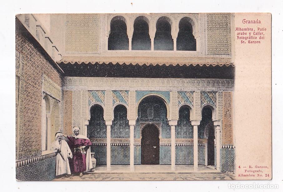 Postales: POSTAL. GRANADA. ALHAMBRA, PATIO &Aacute;RABE Y TALLER FOTOGR&Aacute;FICO DEL SR. GARZ&Oacute;N.