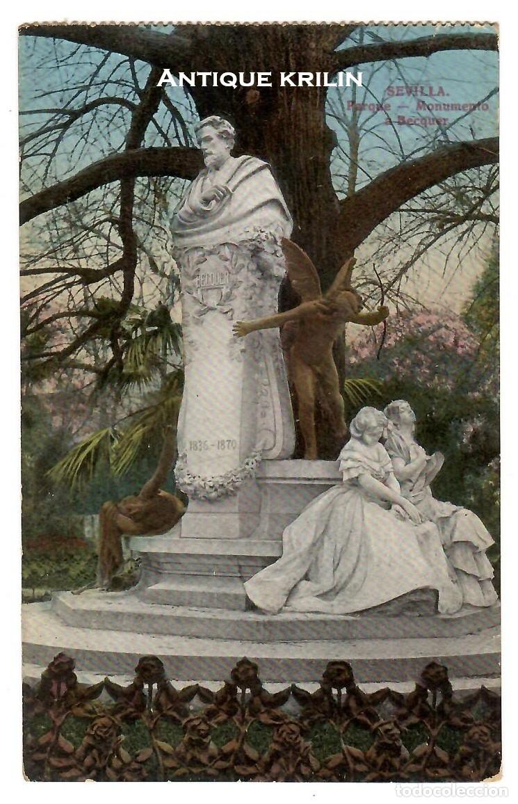 Postales: SEVILLA / PARQUE , MONUMENTO A BECQUER / C.R.S. 10 E / SIN FRANQUEAR PERO ESCRITA DORSO