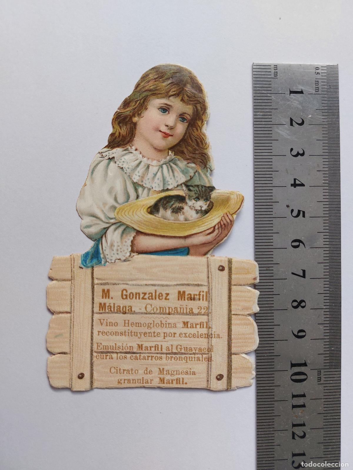 Postales: Estampa publicitaria de M. Gonzalez Marfil M&aacute;laga con ni&ntilde;a y gato