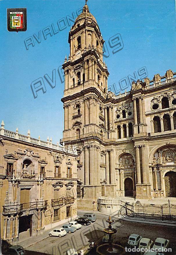 Postales: Catedral y plaza del Obispo (M&aacute;laga) - Sin Circular - A&ntilde;os 60 - Con coches de la &eacute;poca