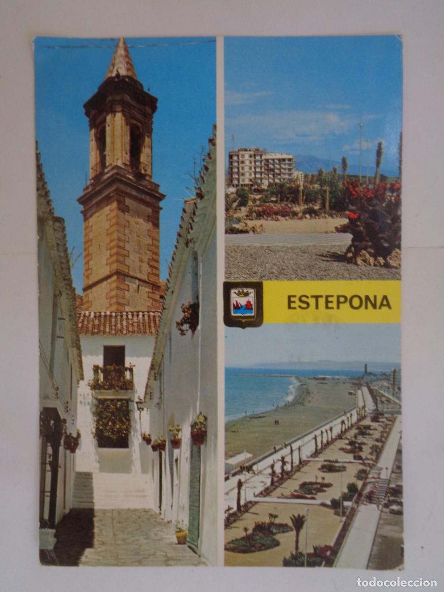 Postales: POSTAL DE ESTEPONA ( MALAGA ): IGLESIA , PASEO MARITIMO. CIRCULADA A AUSTRIA , A&Ntilde;OS 70