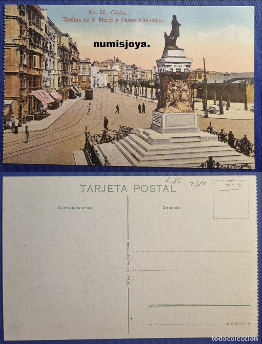 Postales: Postal CADIZ (Espa&ntilde;a) a&ntilde;o 1910. Estatua de S. Moret y Paseo Canaletas. Ed. Purger.
