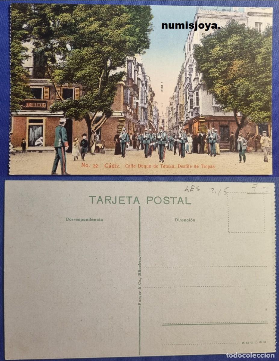 Postales: Postal CADIZ (Espa&ntilde;a) a&ntilde;o 1910. PLAZA DUQUE DE TETUAN DESFILE DE TROPAS. Ed. Purger.
