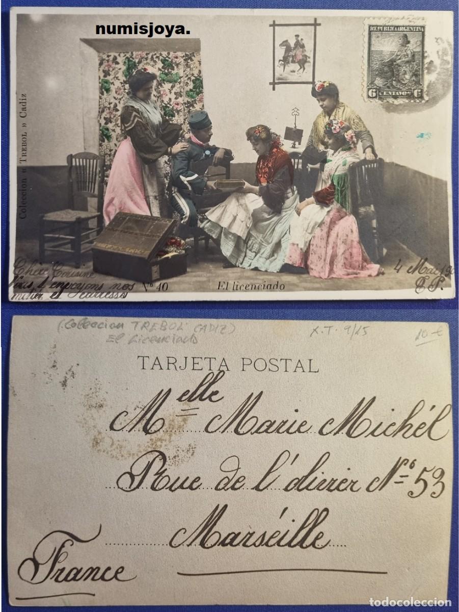Postales: Postal CADIZ (Espa&ntilde;a) a&ntilde;o 1900. EL LICENCIADO. Colecci&oacute;n TREBOL. Escrita con sello de Argentina.