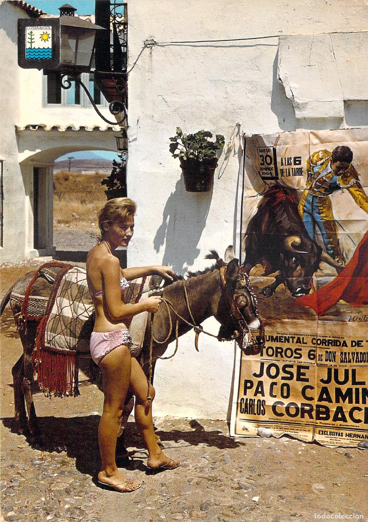 Postales: Postal de Costa del Sol, mujer con burro y cartel de toros