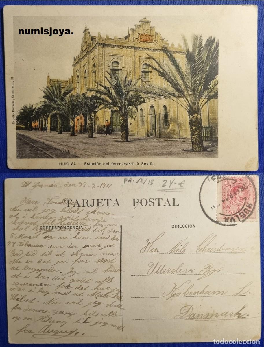 Postales: Postal de Huelva Espa&ntilde;a a&ntilde;o 1910. Estaci&oacute;n del Ferrocarril a Sevilla. Ed. Rogelio Buendia.