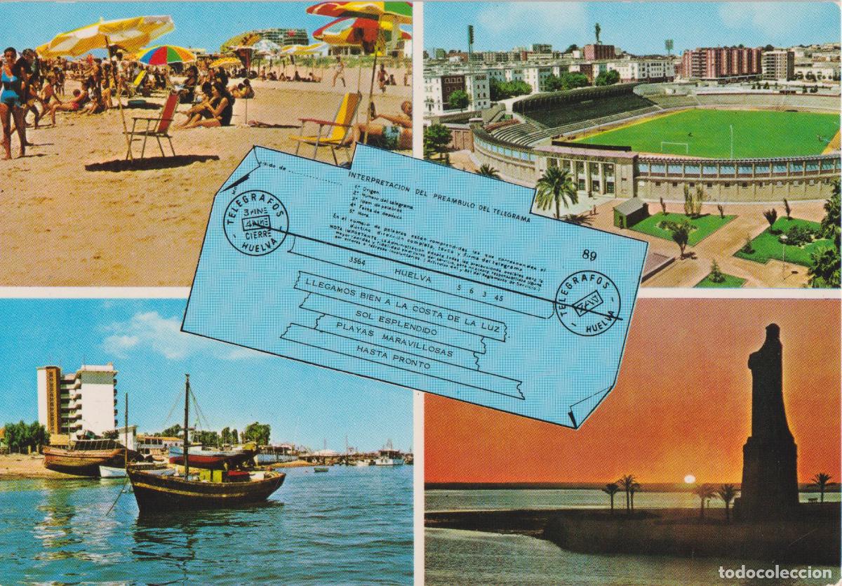 Postales: HUELVA, PUNTA UMBRIA, LA RIA, MONUMENTO COL&Oacute;N, ESTADIO - EDICIONES RO-FOTO 937 - CIRCULADA
