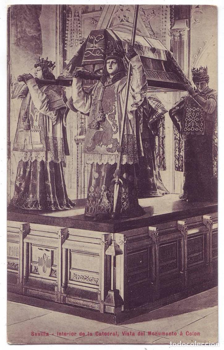 Postales: Sevilla: Interior de la Catedral. Vista del Monumento a Col&oacute;n. M. Chaparteguy. Circulada (A&ntilde;os 10)