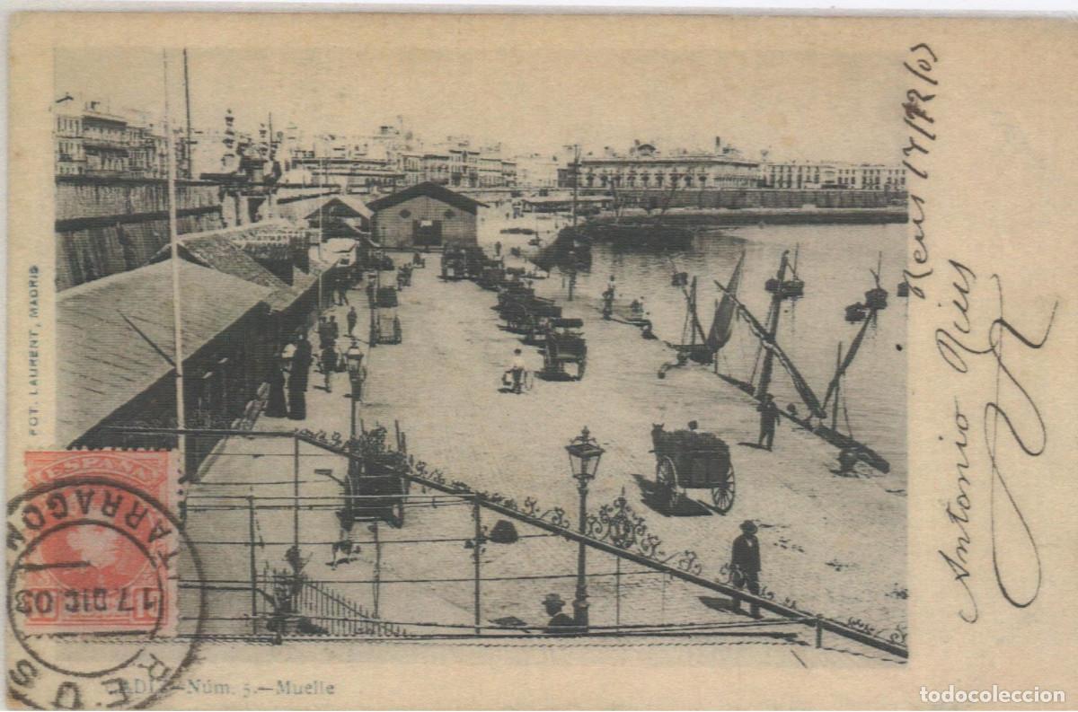 Postales: C&aacute;diz.&iexcl;&iexcl;Maravillosa l&aacute;mina!!.El muelle.Puerta del Mar.Fot Laurent.Copia moderna sacada de una tarjet