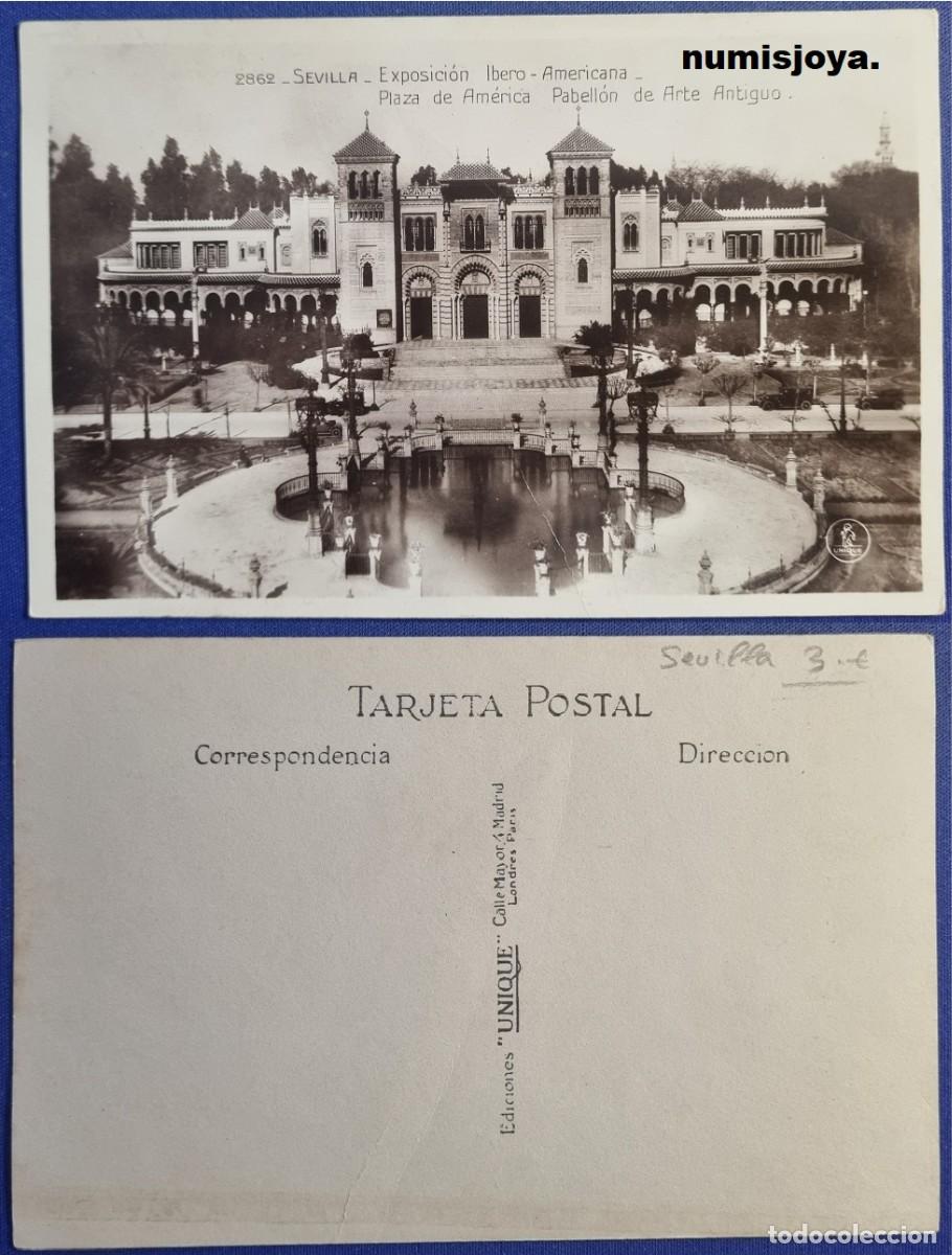 Postales: Postal de Sevilla Espa&ntilde;a a&ntilde;o 1929. Exposici&oacute;n Ibero Americana. Plaza de Am&eacute;rica Arte Antiguo.