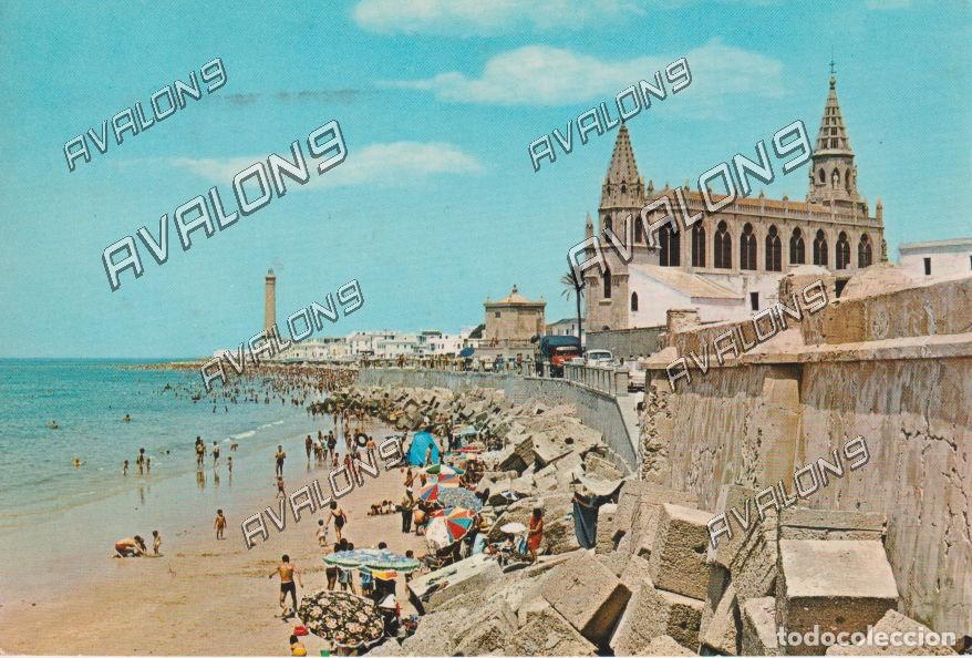 Postales: Playa de Regla con el Santuario y el Faro en Chipiona (C&aacute;diz) . Circulada con sello - A&ntilde;os 60