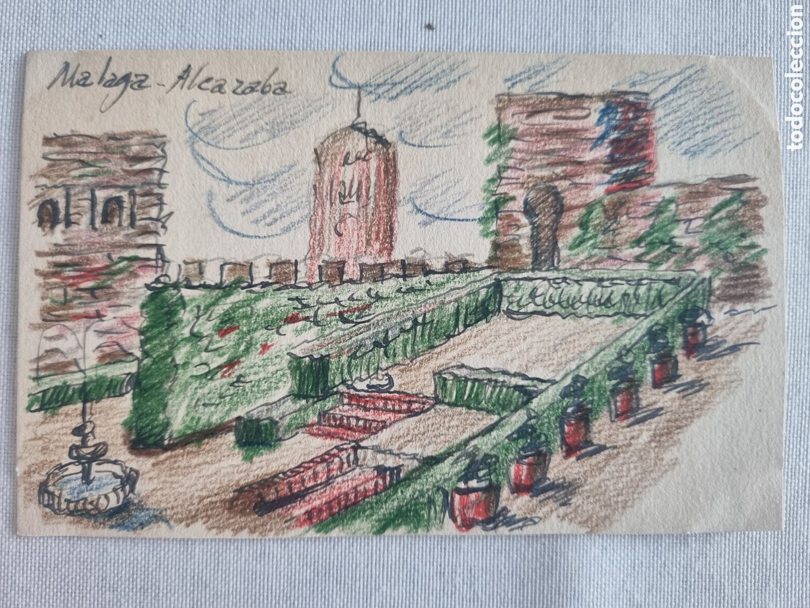Postales: MALAGA-ALCAZABA dibujo sobre papel tipo postal