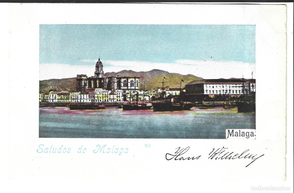 Cartoline: M&aacute;laga. Saludos de M&aacute;laga. Hans Wilhelm. n&ordm; 23. Uni&oacute;n Postal Universal.