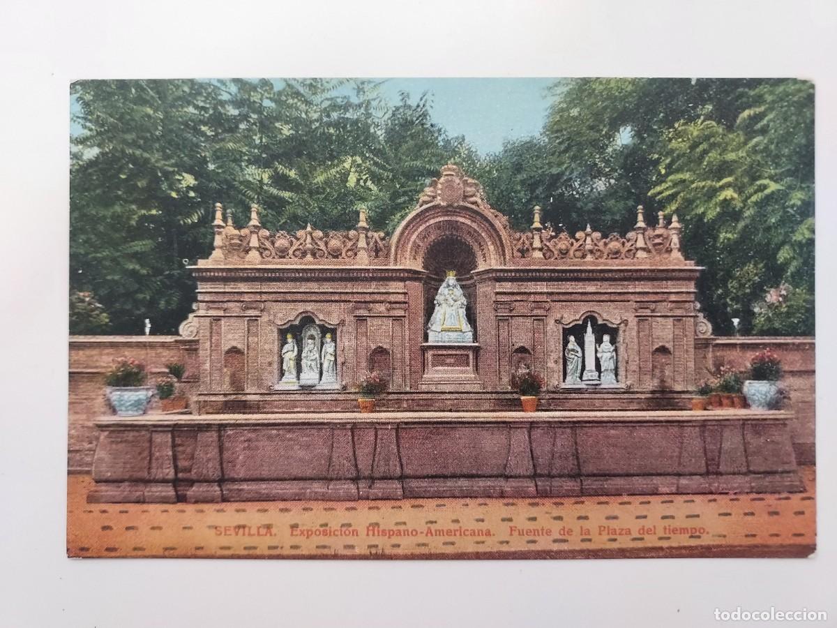 Postales: POSTAL SEVILLA EXPOSICION HISPANO-AMERICANA FUENTE DE LA PLAZA DEL TIEMPO. SIN CIRCULAR. C. R. S. 28