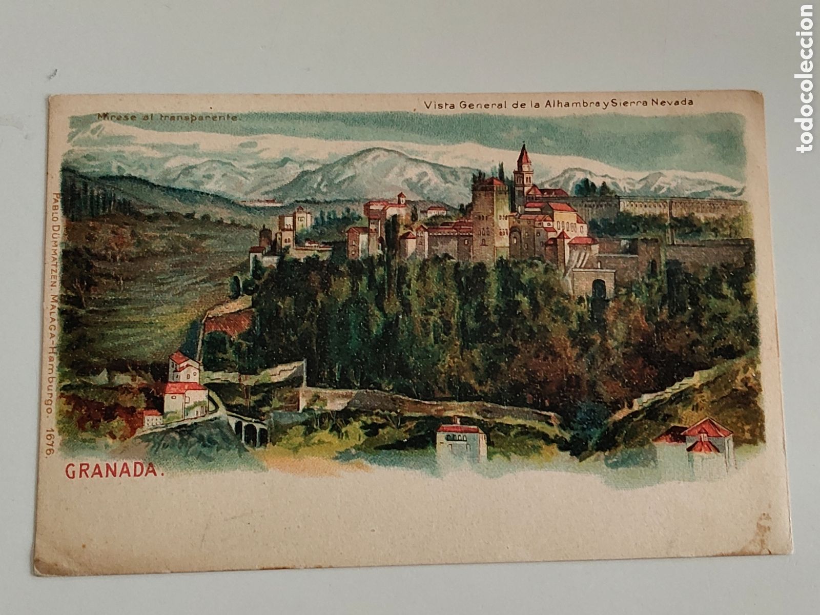Postales: Tarjeta Postal Granada Vista general de la Alhambra y Sierra Nevada edita Pablo D&uuml;matzen Malaga 1676