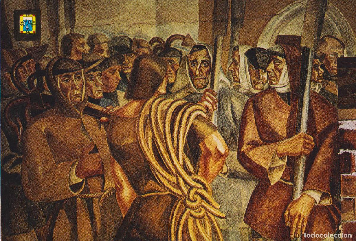 Postales: LA RABIDA (HUELVA) FRESCOS DE V&Aacute;ZQUEZ DIAZ, MURAL DE LEVAS - ESCUDO DE ORO N14 - S/C