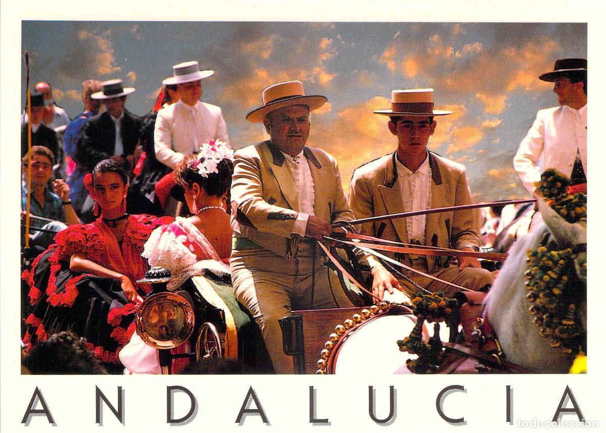Postales: Postal de Andaluc&iacute;a, escena tradicional con carruaje y trajes t&iacute;picos