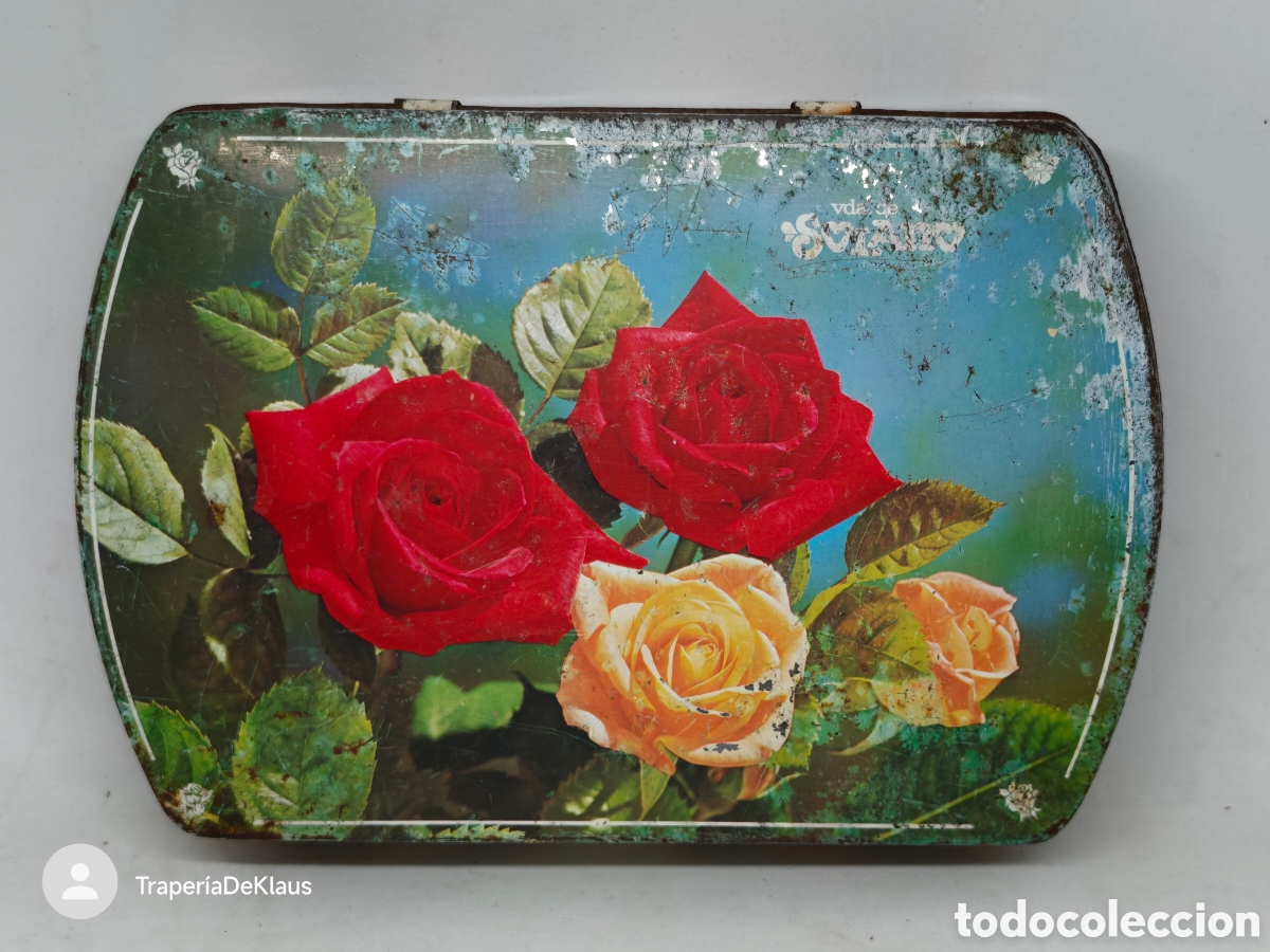 Postales: Caja met&aacute;lica litografiada antigua con motivos florales (rosas) - solano