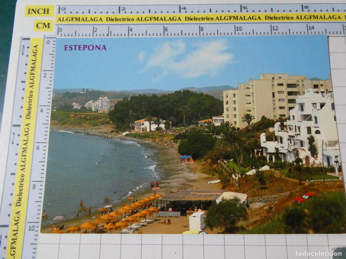 Postales: POSTAL DE M&Aacute;LAGA ESTEPONA. A&Ntilde;O 1988 URBANIZACI&Oacute;N Y PLAYA 63 ARRIBAS. 3959