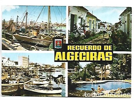 Postales: VISTA PARCIAL DEL PUERTO-CALLE TIPICA-PUERTO DE PESCA-PISCINA HOTEL REINA CRISTI.- ALGECIRAS / CADIZ