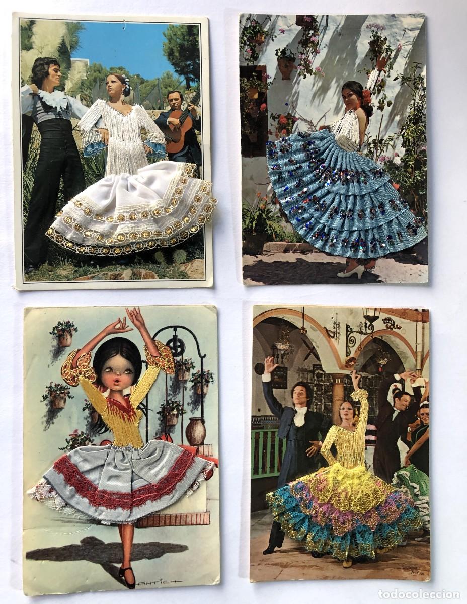 Postales: 4 POSTALES ANDALUC&Iacute;A / FOLKLORE / FALDAS DE TELA EN LOS TRAJES COMERCIAL PRAT - RIPOLL A&Ntilde;OS 70