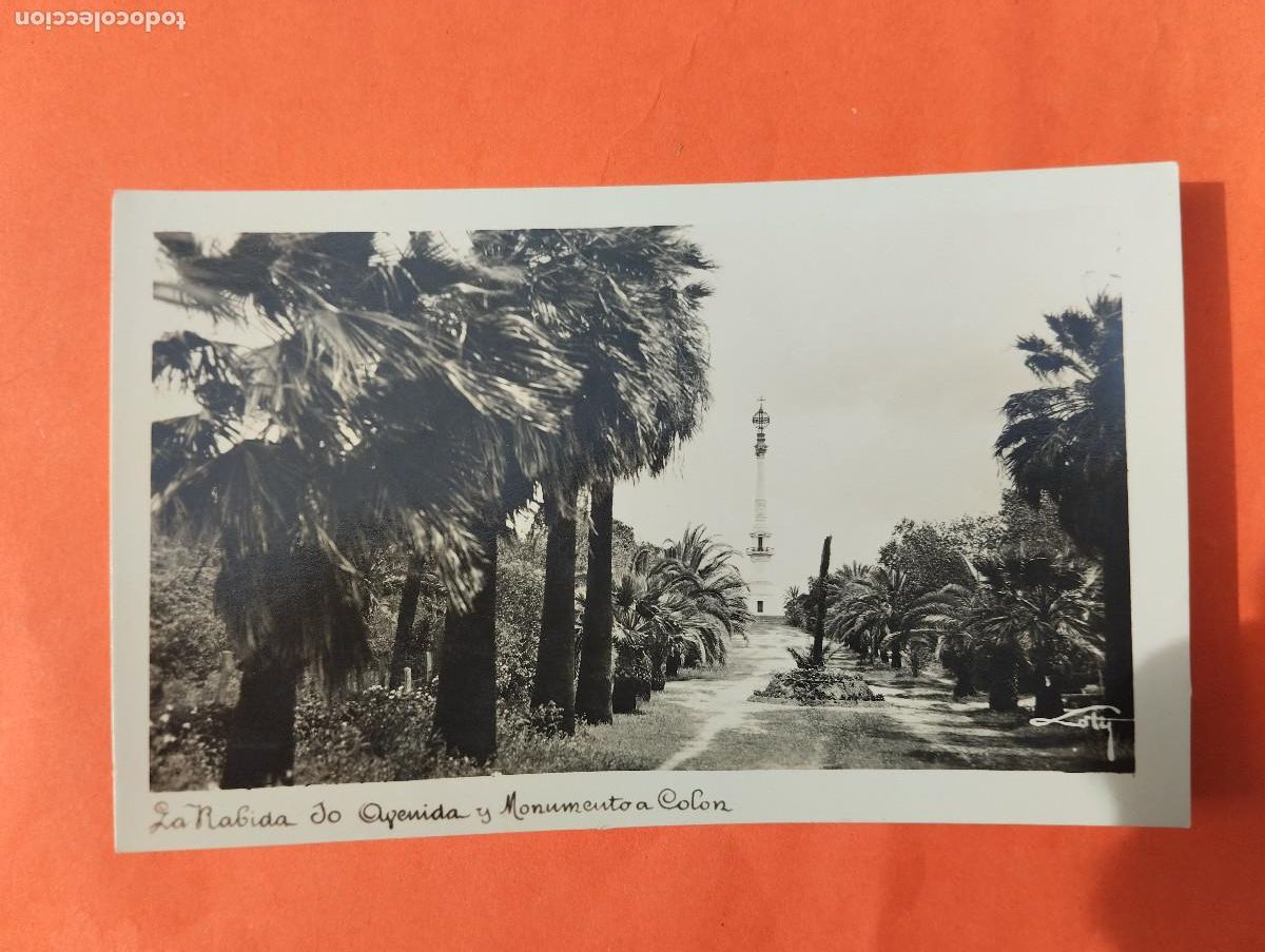 Postales: POSTAL FOTOGRAFICA LA RABIDA HUELVA. AVENIDA MONASTERIO Y MONUMENTO COLON. LOTY