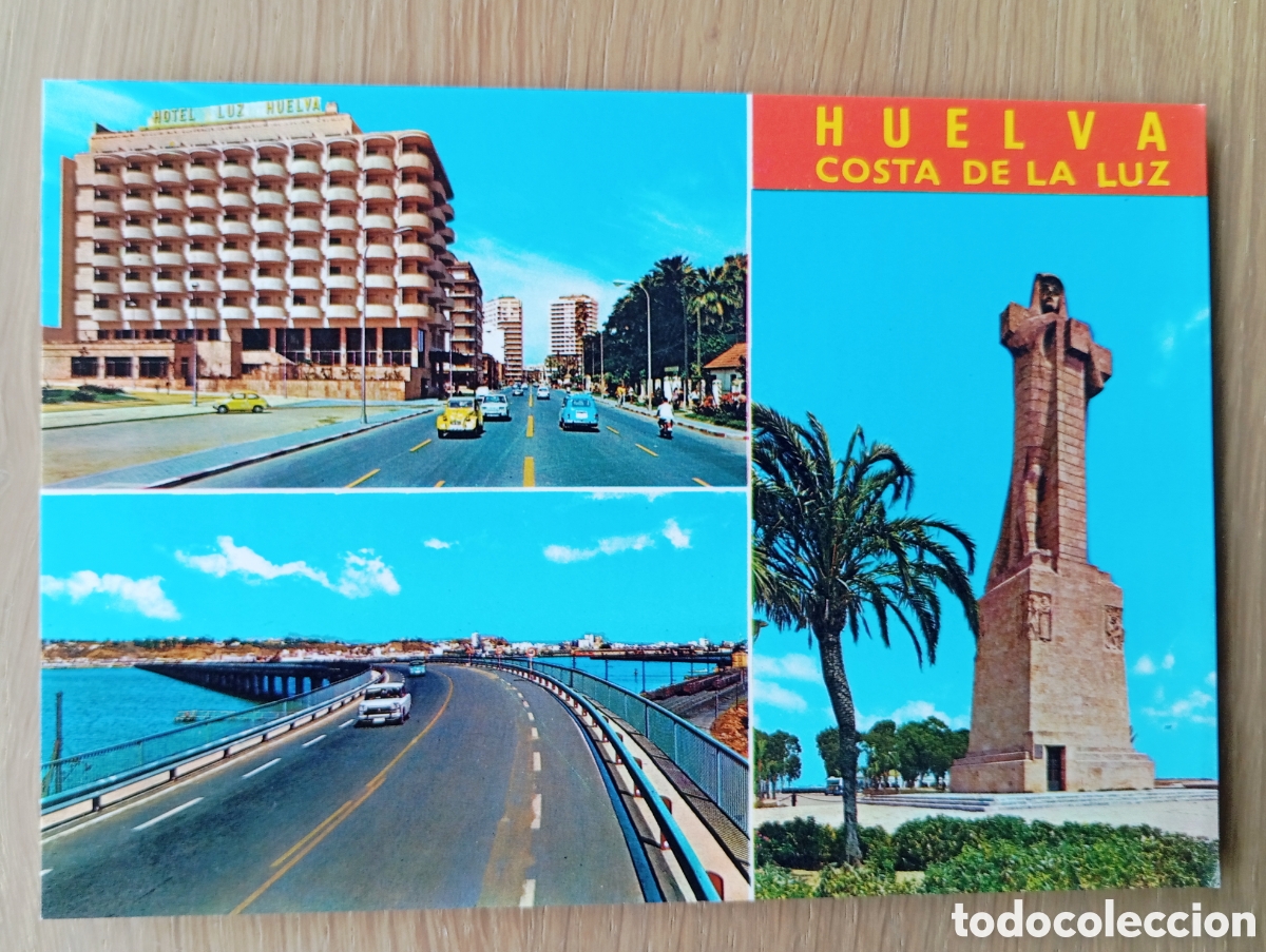 Postales: POSTAL HUELVA MULTIVISTAS 8619 BEASCOA BV COL&Oacute;N ESTATUA HOTEL LUZ A&Ntilde;O 1970