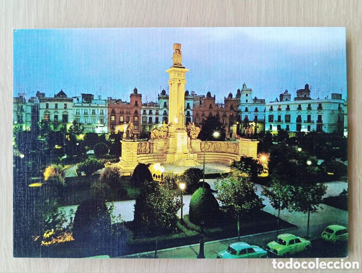 Postales: POSTAL C&Aacute;DIZ PLAZA DE ESPA&Ntilde;A MONUMENTO A LAS CORTES NOCTURNO ADOLFO PAJARES 47 A&Ntilde;O 1968