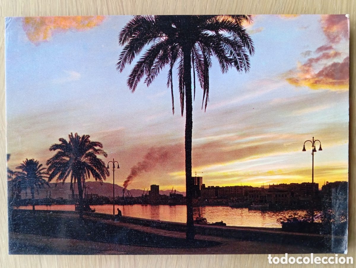 Postales: POSTAL M&Aacute;LAGA COSTA DEL SOL 402 PUESTA DE SOL Y PASEO DE LA FAROLA A&Ntilde;O 1972 ATARDECER MEDITERR&Aacute;NEO
