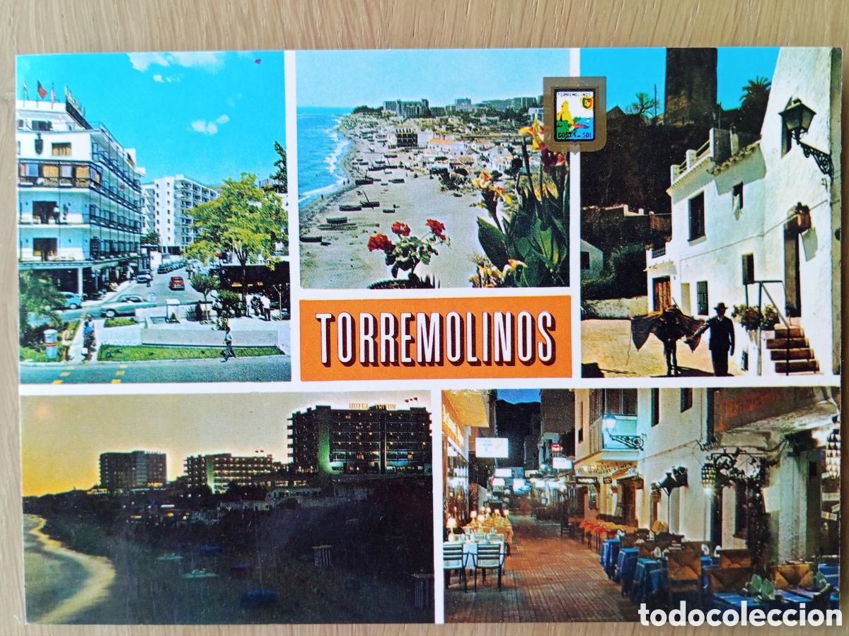 Postales: POSTAL TORREMOLINOS M&Aacute;LAGA VISTAS PARCIALES MULTIVISTAS DOM&Iacute;NGUEZ 77 ESCUDO DE ORO A&Ntilde;O 1973