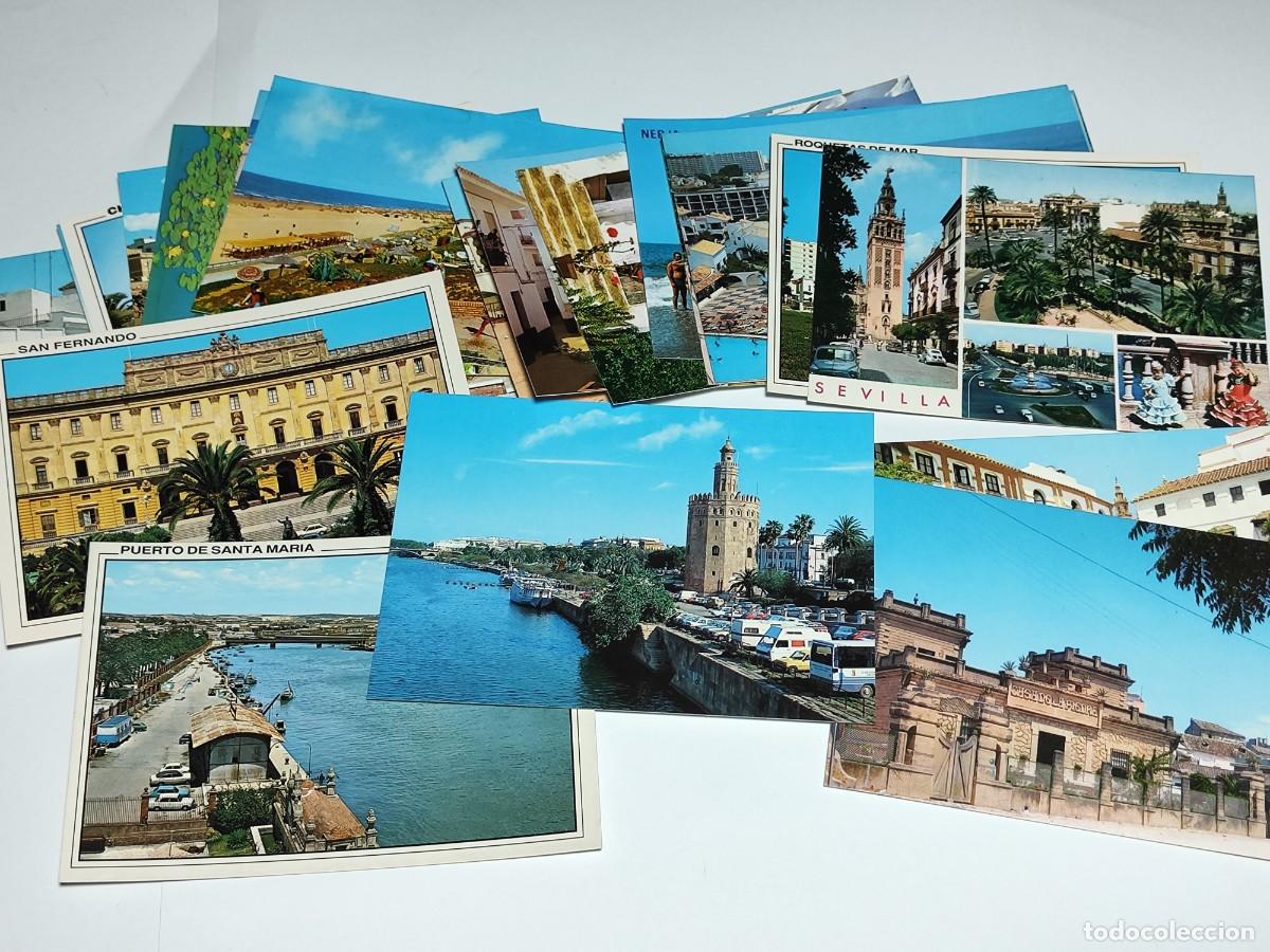 Postales: Lote ECON&Oacute;MICO 24 Postales ANDALUC&Iacute;A, Sevilla Huelva Ja&eacute;n C&aacute;diz M&aacute;laga. Diferentes pueblos y lugares