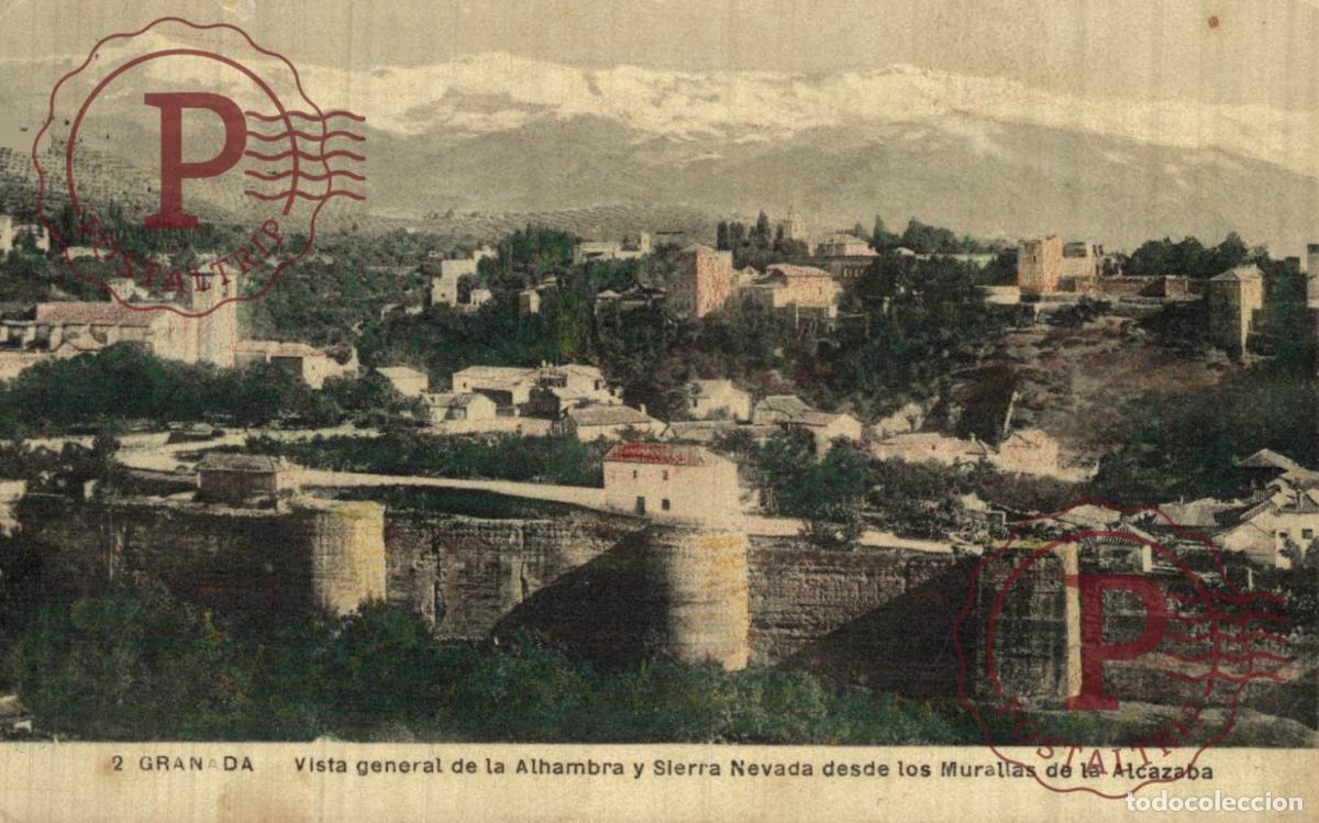 Postales: GRANADA. VISTA GENERAL DE LA ALHAMBRA Y SIERRA NEVADA DESDE LAS MURALLAS DE LA ALCAZABA.
