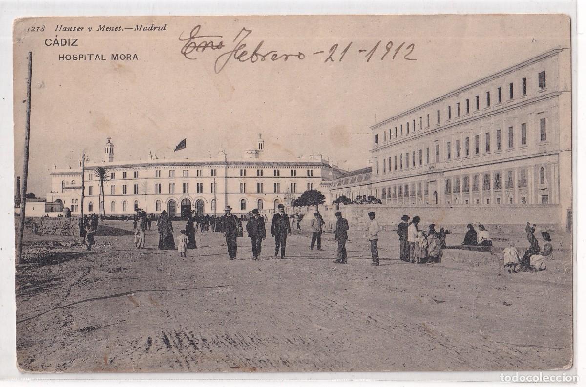 Postales: C&aacute;diz 1218 Hospital Mora. Etiqueta de Gran Hotel C&aacute;diz. Escrita. Sin circular.